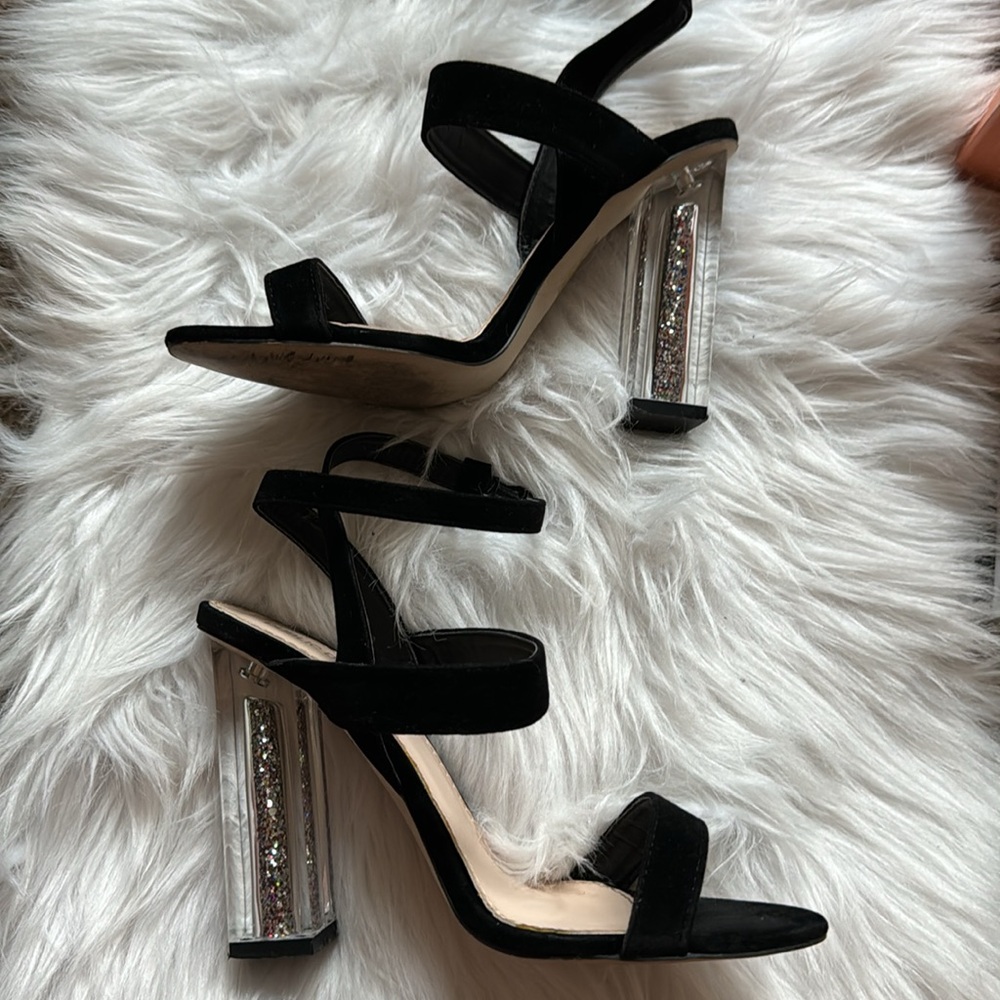 Womens Ankle Strap Clear Heel Suede Party Sandals